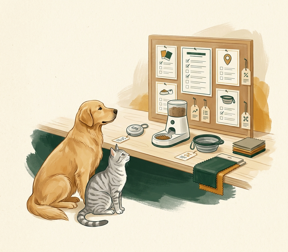 A calm dog and cat beside a neatly organized pet product comparison board